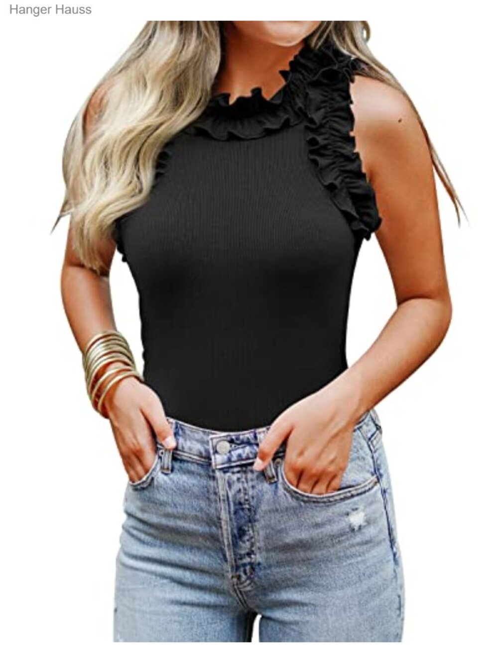 Sleeveless Racer Back Ruffle Mock Turtle Neck Ribbed Bodysuit Tank Top